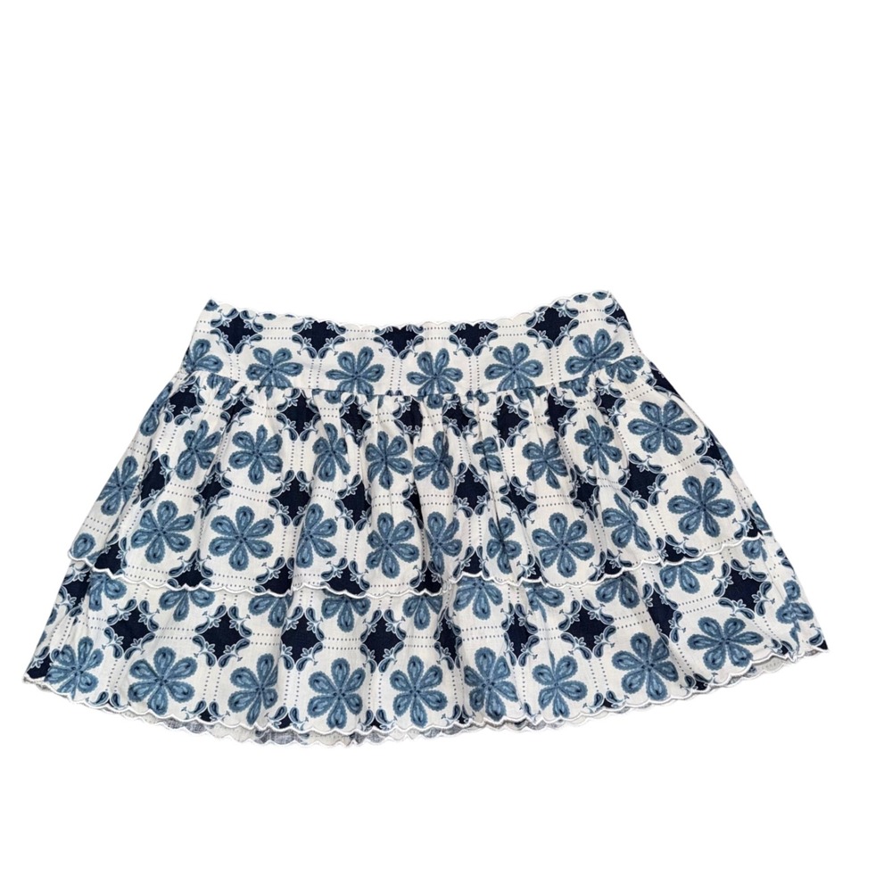 Agua Bendita Mini Skirt Womens L Blue White Floral Eyelet Tiered Smocked Skirt